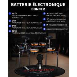 Donner - BackBeat batterie électronique - kit 8 pièces + Led